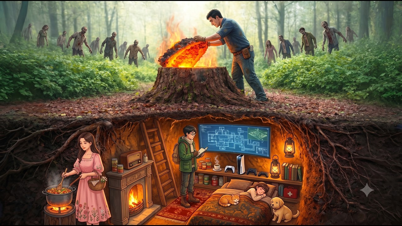 Survival Inside a Secret Tree Stump Shelter During a Zombie Apocalypse l Coca & Ken Cozy