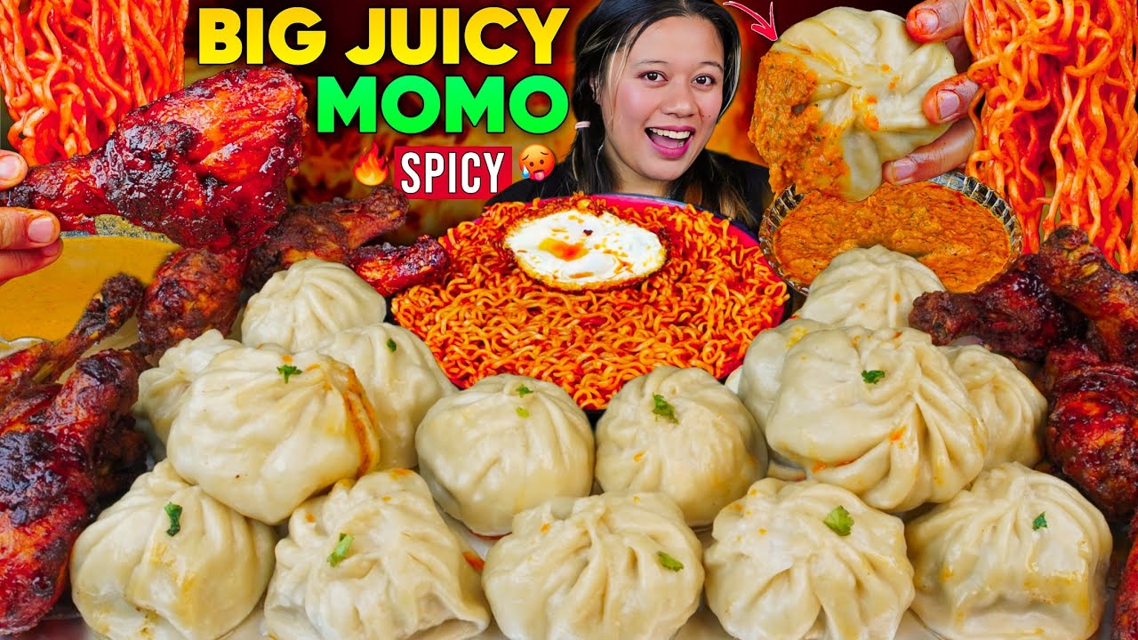 🔥 BIG PORK MOMO MUKBANG | CRISPY SPICY CHICKEN LEG PIECE & FIERY NOODLES 🌶️ MASSIVE FEAST 🥵