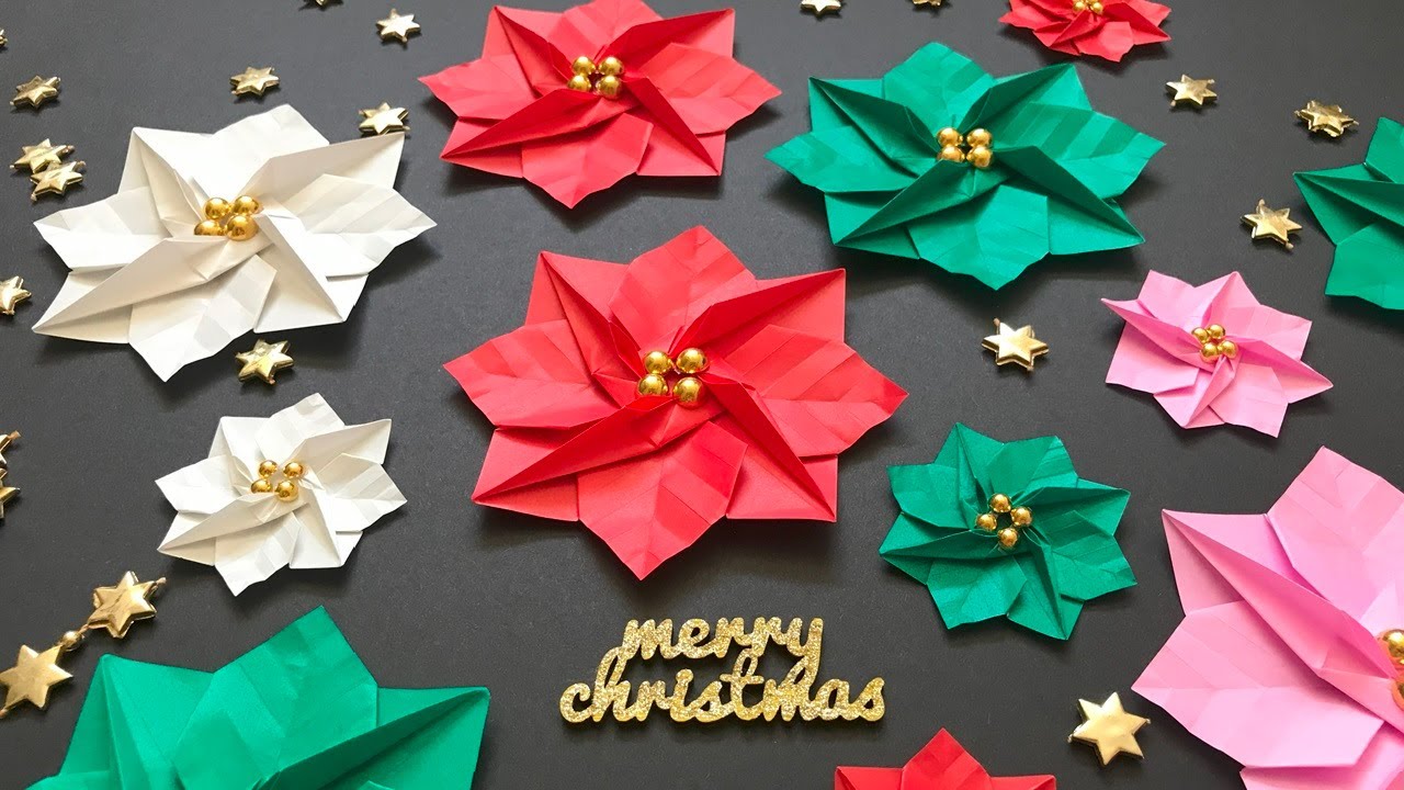 クリスマス折り紙 １枚 ポインセチア 立体 平面 折り方 Origami Christmas Poinsettia tutorial（NiceNo1）