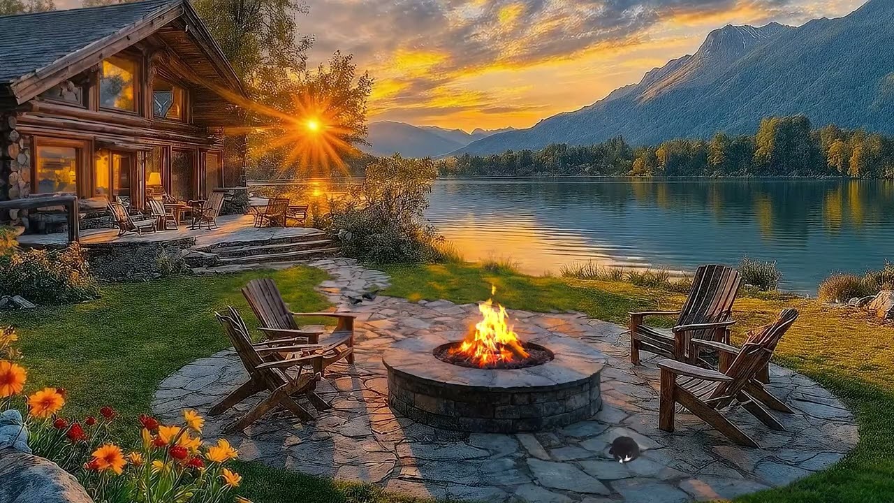 Cozy Morning Lakeside Ambience 🌳 Soft Piano, Campfire & Lakeshore Water Sounds for Relaxation