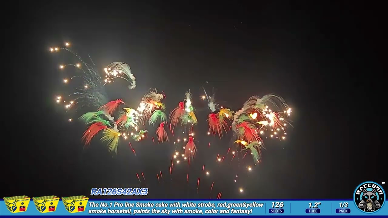 RA126S42AX3 Raccoon Fireworks 1.4G Pro 126'S Sky Painting Smoke Compound Cake