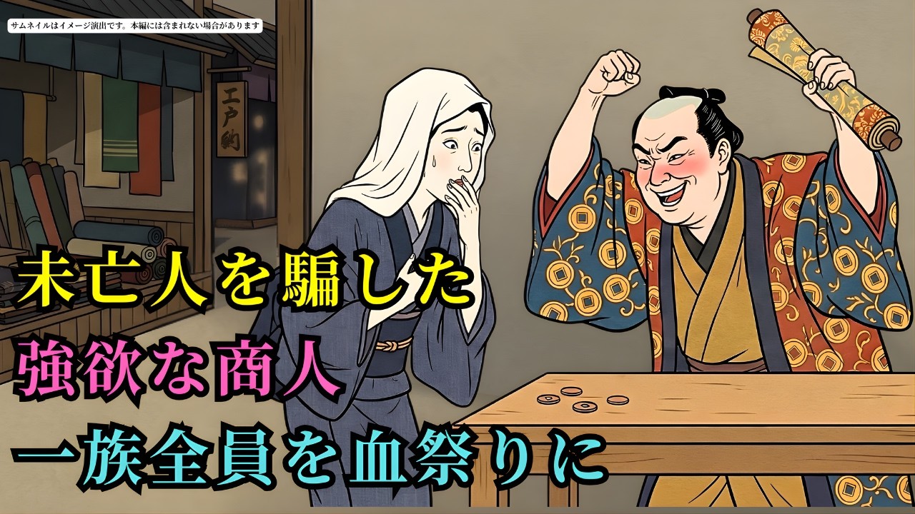 貧しい未亡人を騙した強欲な商人。数年後、復讐の帰還によって一族全員が血祭りにあげられた戦慄の夜 (AIフィクション) | 野談 | 伝説 | 昔話 | 説話 | 民話
