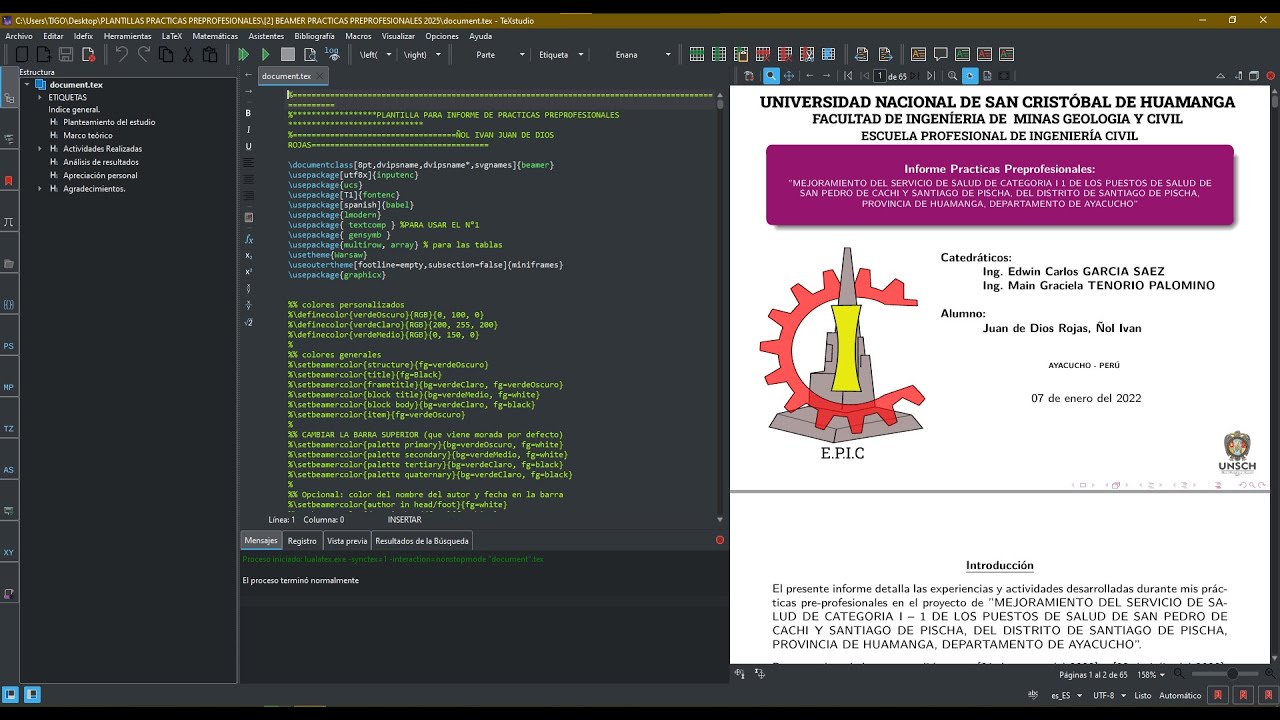 PLANTILLAS DE INFORME Y PRESENTACIÓN EN LATEX Y BEAMER PARA PRACTICAS PREPROFESIONALES | IC - UNSCH