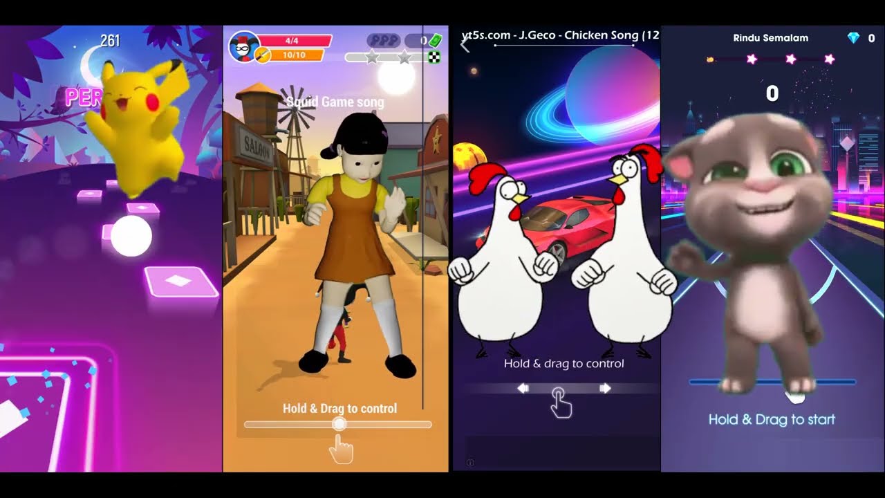 Pikachu vs Squid Game vs Chicken Dance vs Talking Tom | Tiles Hop EDM Rush #tileshop