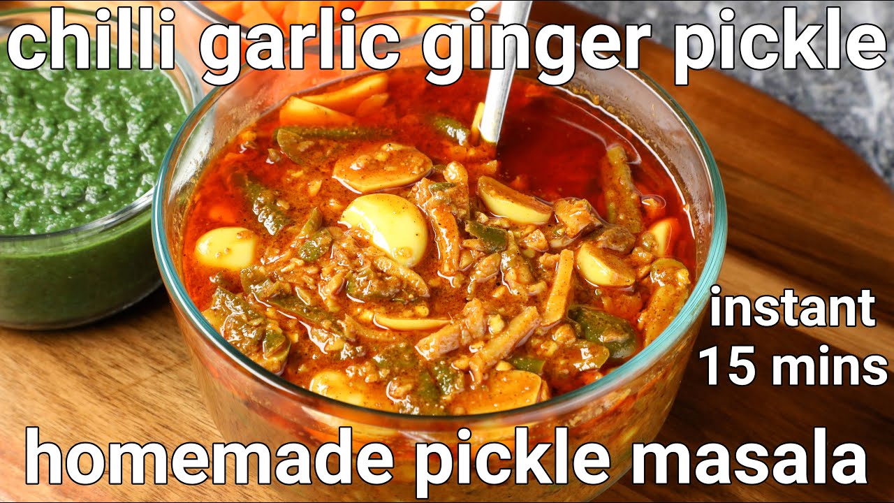 hari mirch adrak lahsun ka achar recipe - instant pickle | green chilli garlic ginger pickle