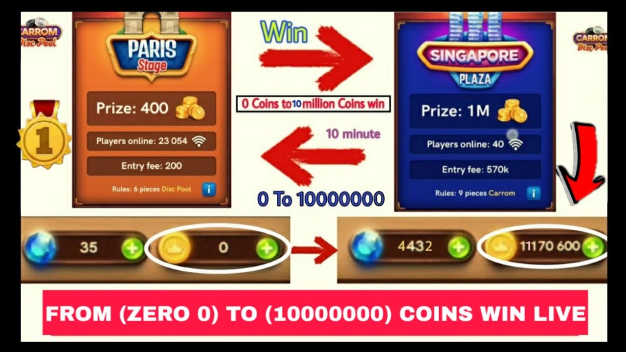 HOW TO WIN (ZERO TO 10000000) COINS LIVE WINNING - CARROM POOL -  MINICLIP