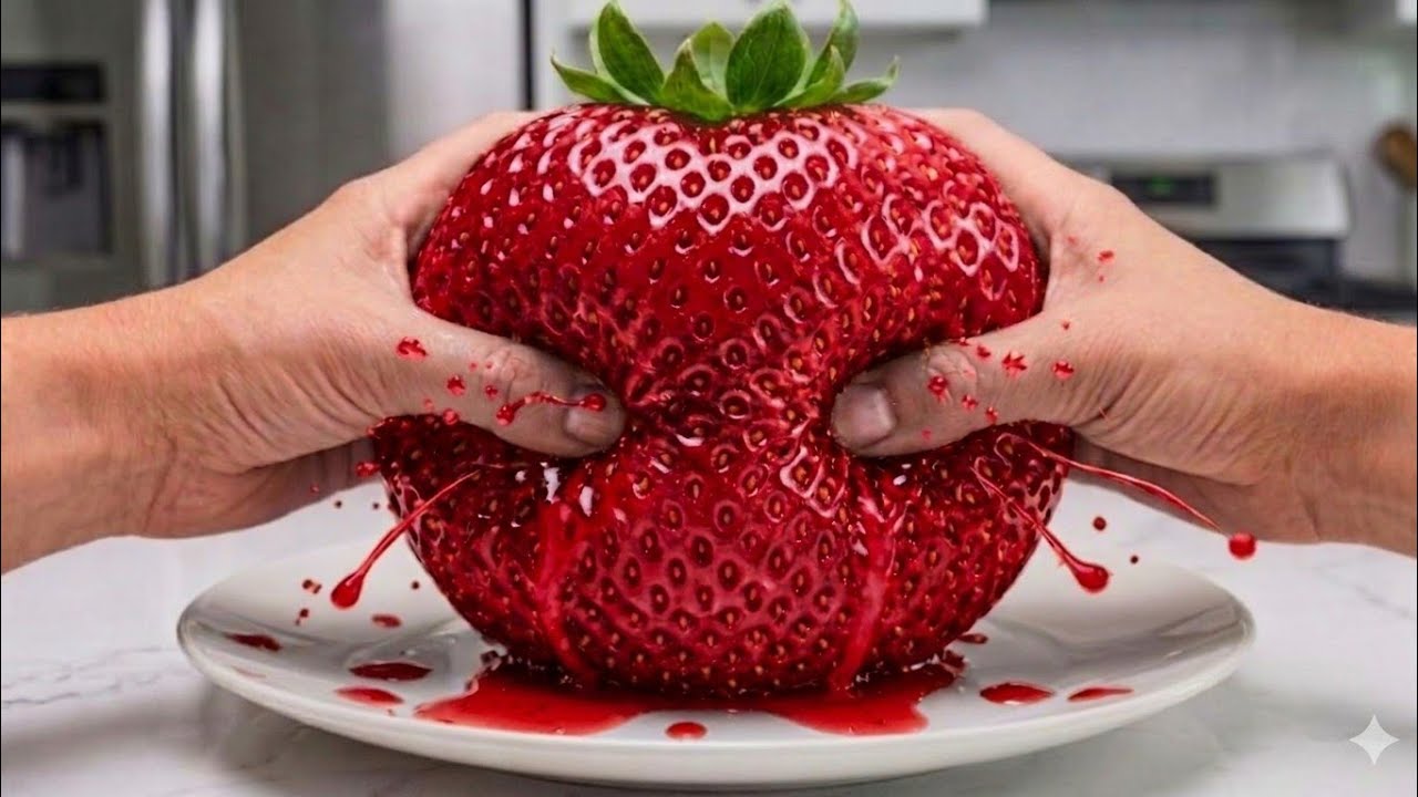 Giant Red Strawberry Squeeze 🔴 ASMR Satisfying Fruit Cutting Sounds 🍓✨