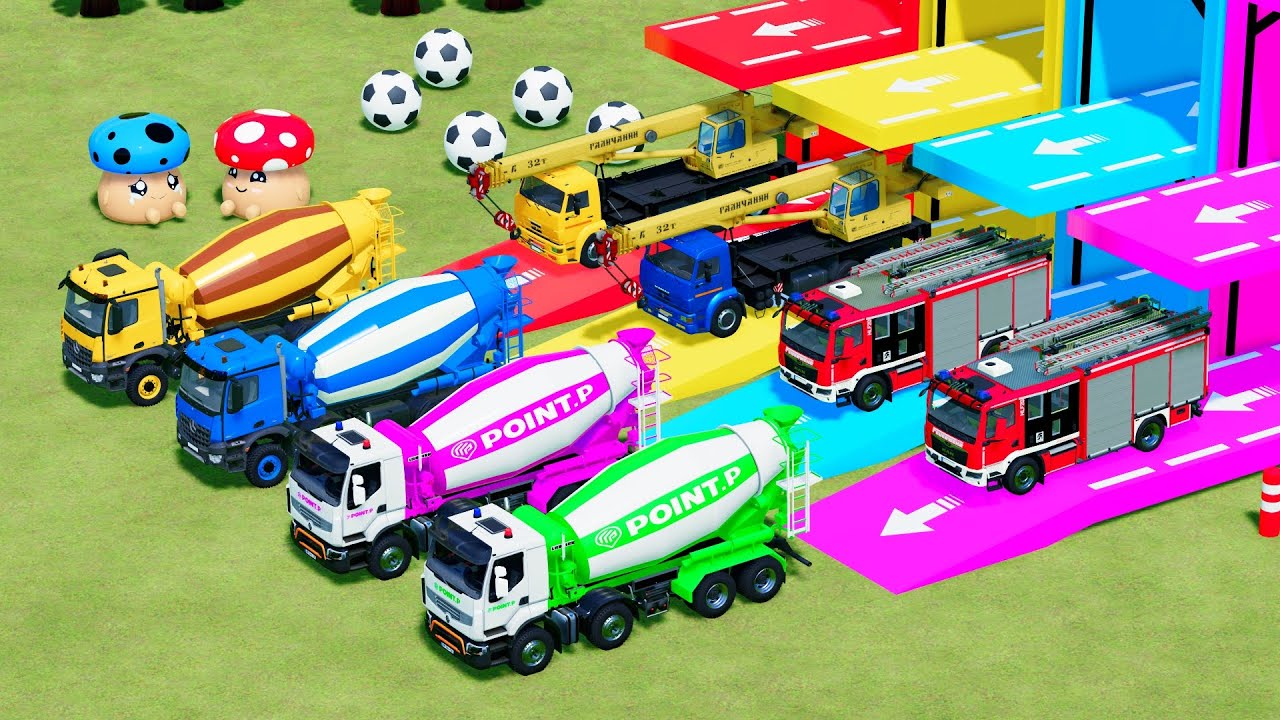 LOADING NEW RAINBOW MIXER TRUCKS onto double flatbed truck | MAN SCANIA MERCEDEZ KRAZ MACK FS22