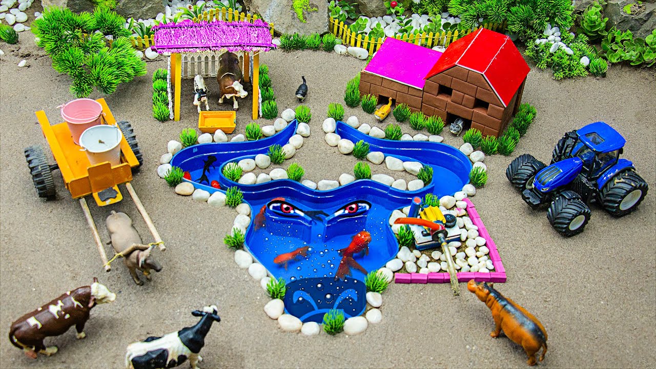 DIY mini Farm Diorama with Buffalo Pool, how to make cow shed, hand pump to supply water for animals