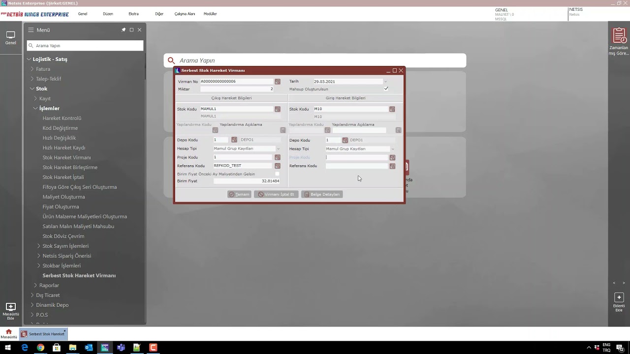 Netsis Serbest Stok Hareket Virmanı