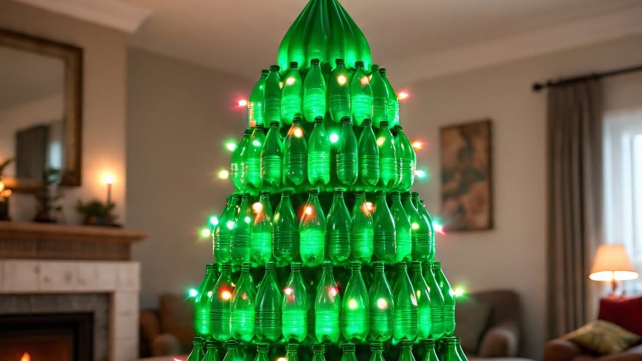 Hice un árbol navideño echo de botellas de plástico 🤑