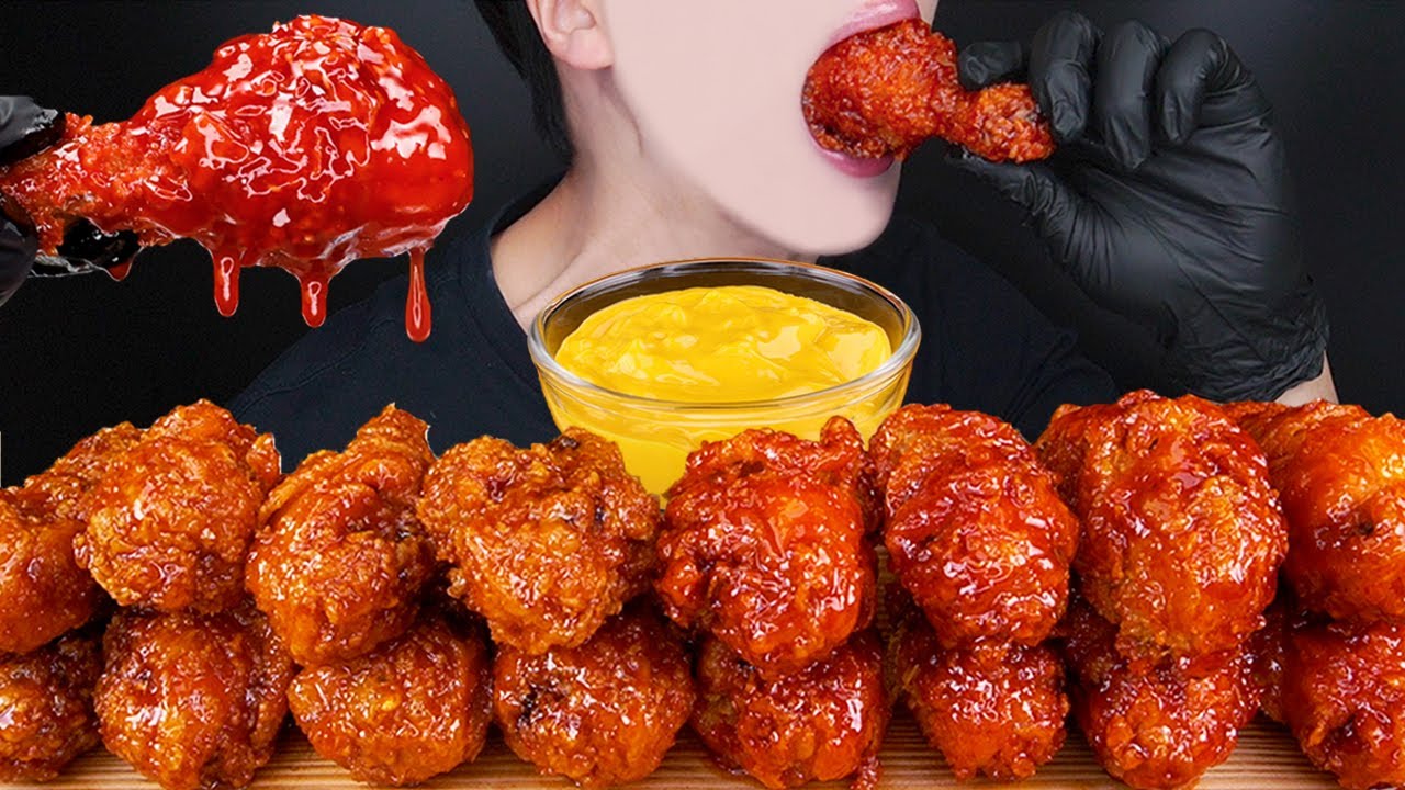 ASMR SPICY BBQ FRIED CHICKEN CHEESY MUKBANG 양념 치킨 먹방 辛い チキン 咀嚼音 モッパン pedas ayam ไก่ทอด EATING SOUNDS