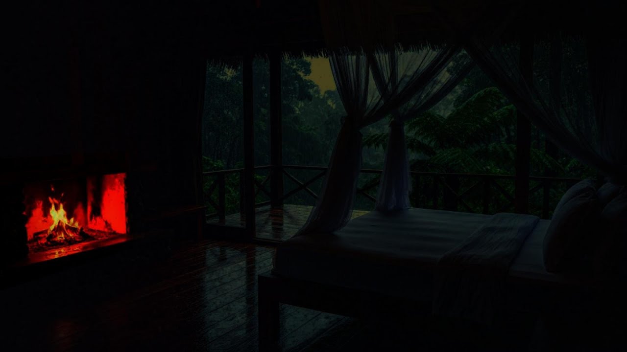 Tropical Rainstorm Night in a Forest Cabin 🌧️🔥 Fireplace Sounds for Deep Sleep (8 Hours)