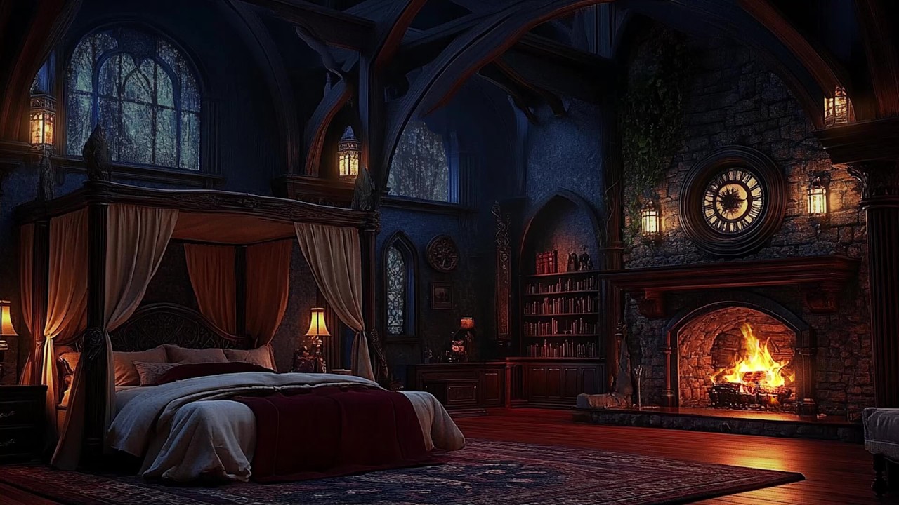 🌧️ Gentle Rain Surrounding a Warm Castle Chamber Bedroom at Midnight | Rain on Glass | Deep Sleep