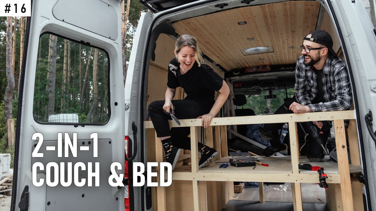 Building custom BED and COUCH  - Renault Master Van Conversion DIY #16