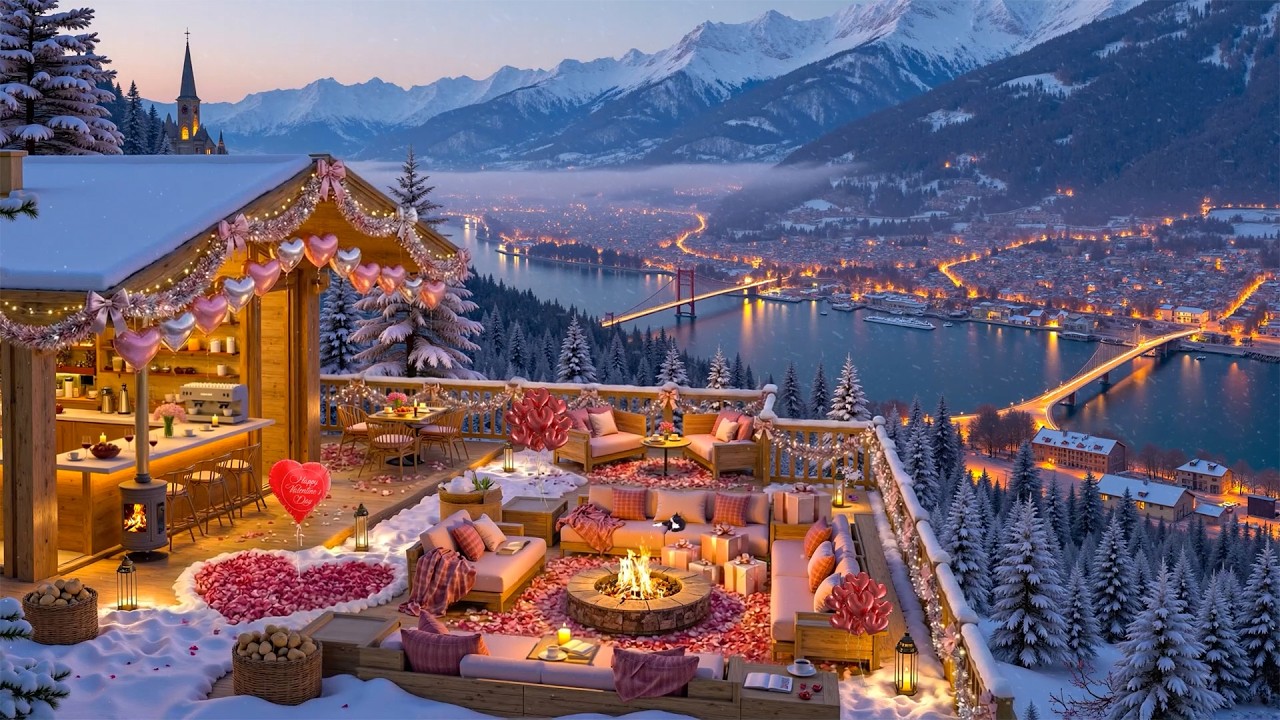 Valentine’s Day at a Snowy Riverside Café Terrace ❄️ Warm Jazz by the Fireplace for Relax & Romantic