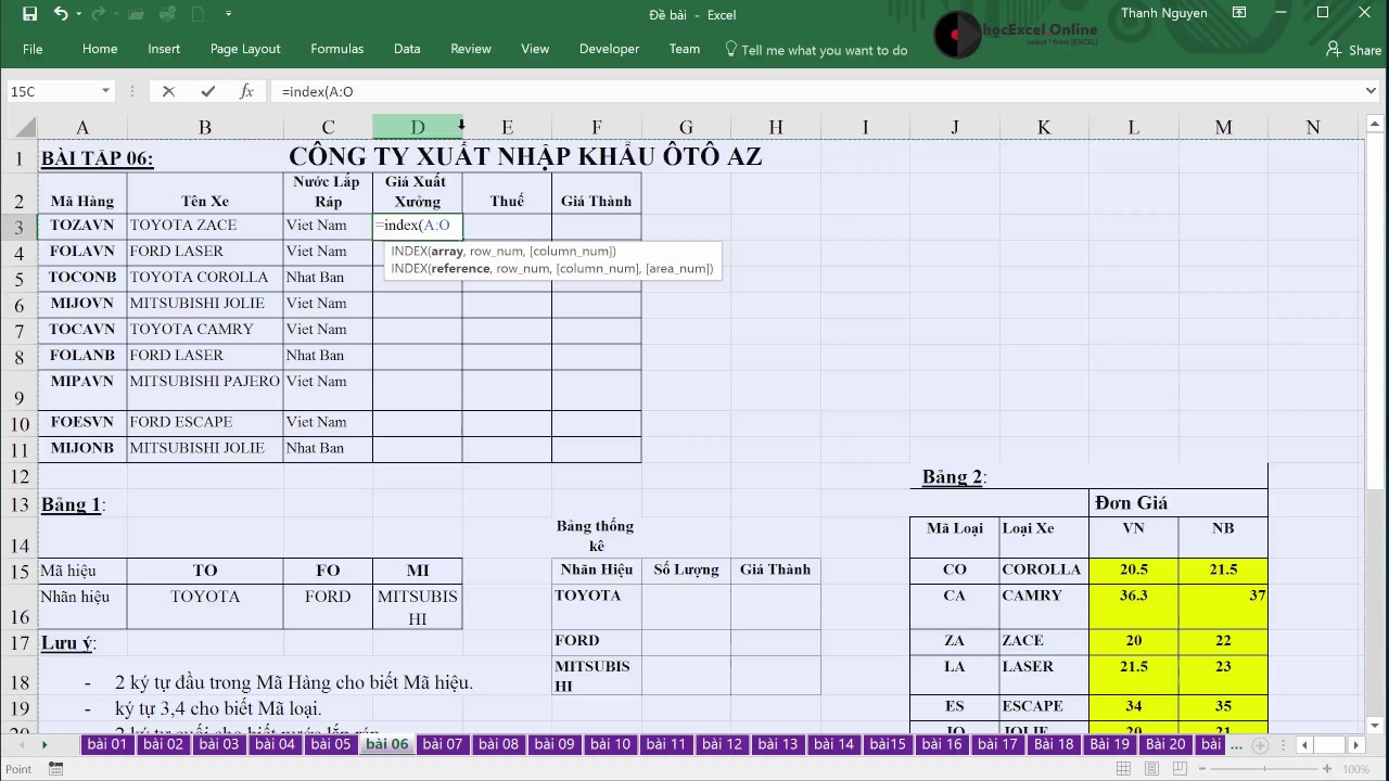 Hàm HLOOKUP, VLOOKUP, INDEX, MATCH, IF, tính phần trăm, COUNTIF, SUMIF