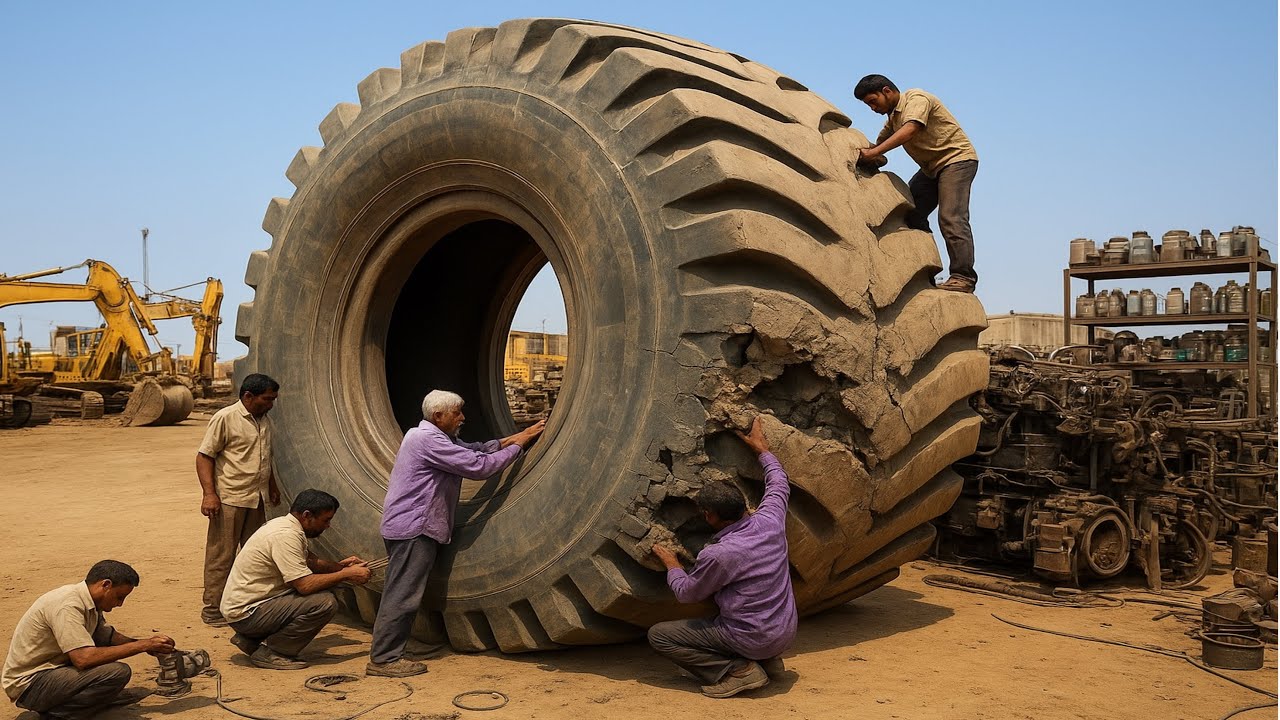 Ремонт изношенной шины Caterpillar: сложная задача по ремонту боковины шины!