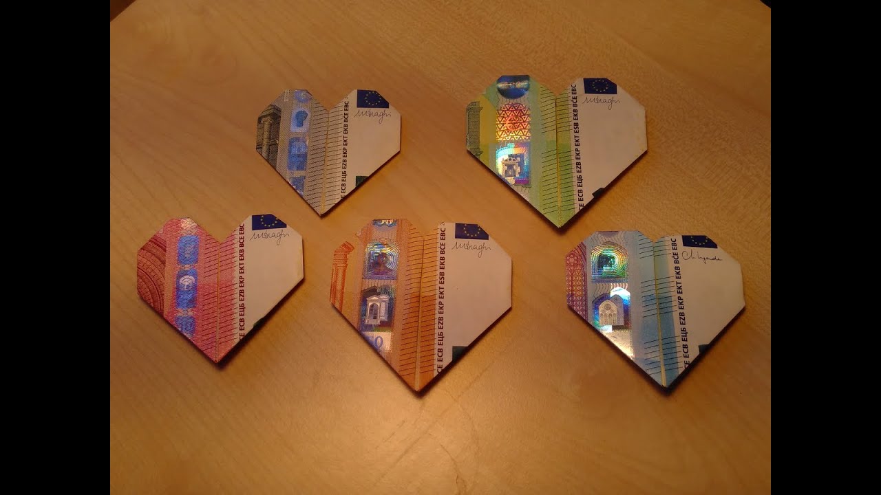 Pliage d'un cœur à partir d'un billet de 10 euros - Instructions simples - Variante 3