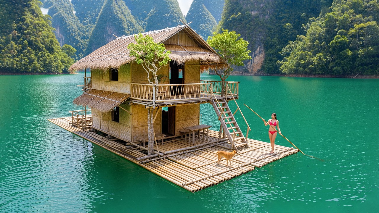 Girl Builds a Self-Sufficient Floating Bamboo Raft | From Start to Finish
