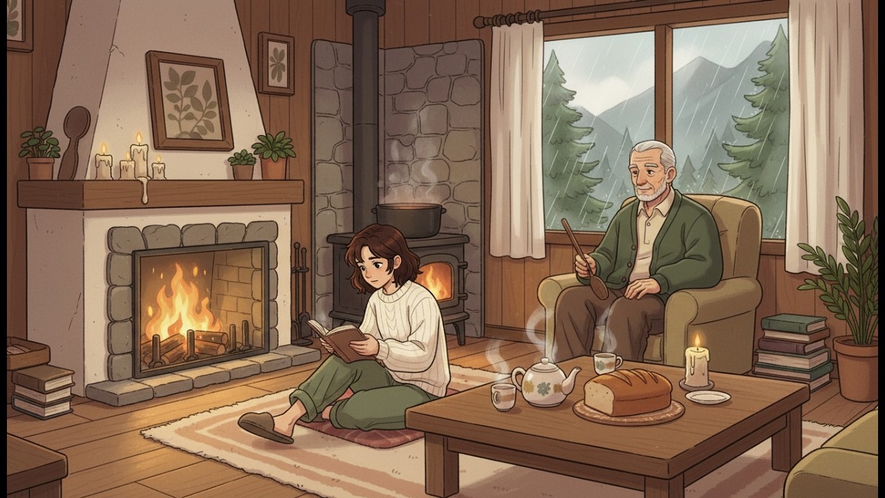 A Rainy Day in Our Mountain Cabin | Cozy Family Moments by the Fire | Ghibli Style ASMR