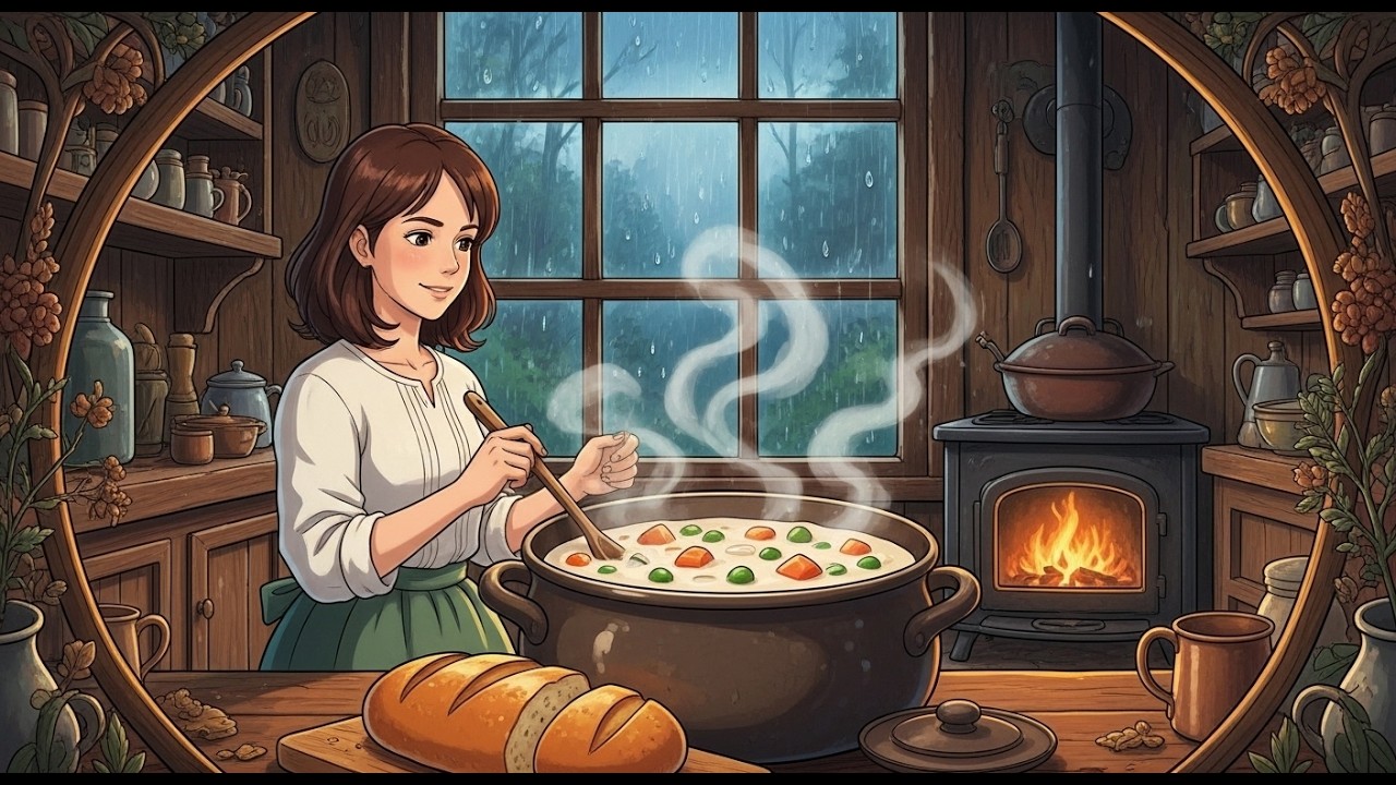 Living Alone in a Rainy Forest Cabin 🌧️ Making Cream Stew & Fresh Bread | Ghibli-Style ASMR