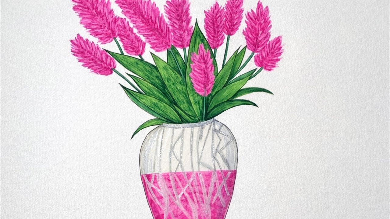 Pink Flower Vase Drawing | Easy & Beautiful Art