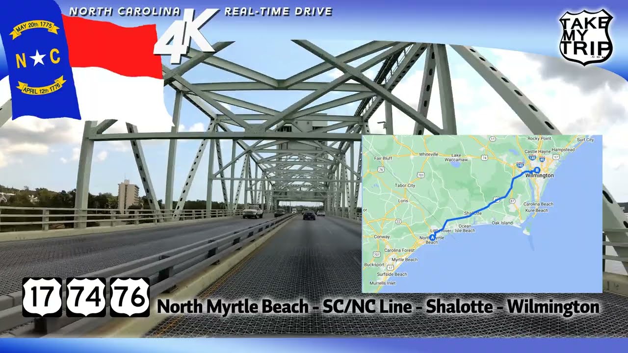 Myrtle Beach, SC into North Carolina on US 17: Shalotte, Wilmington scenic drive in 4K