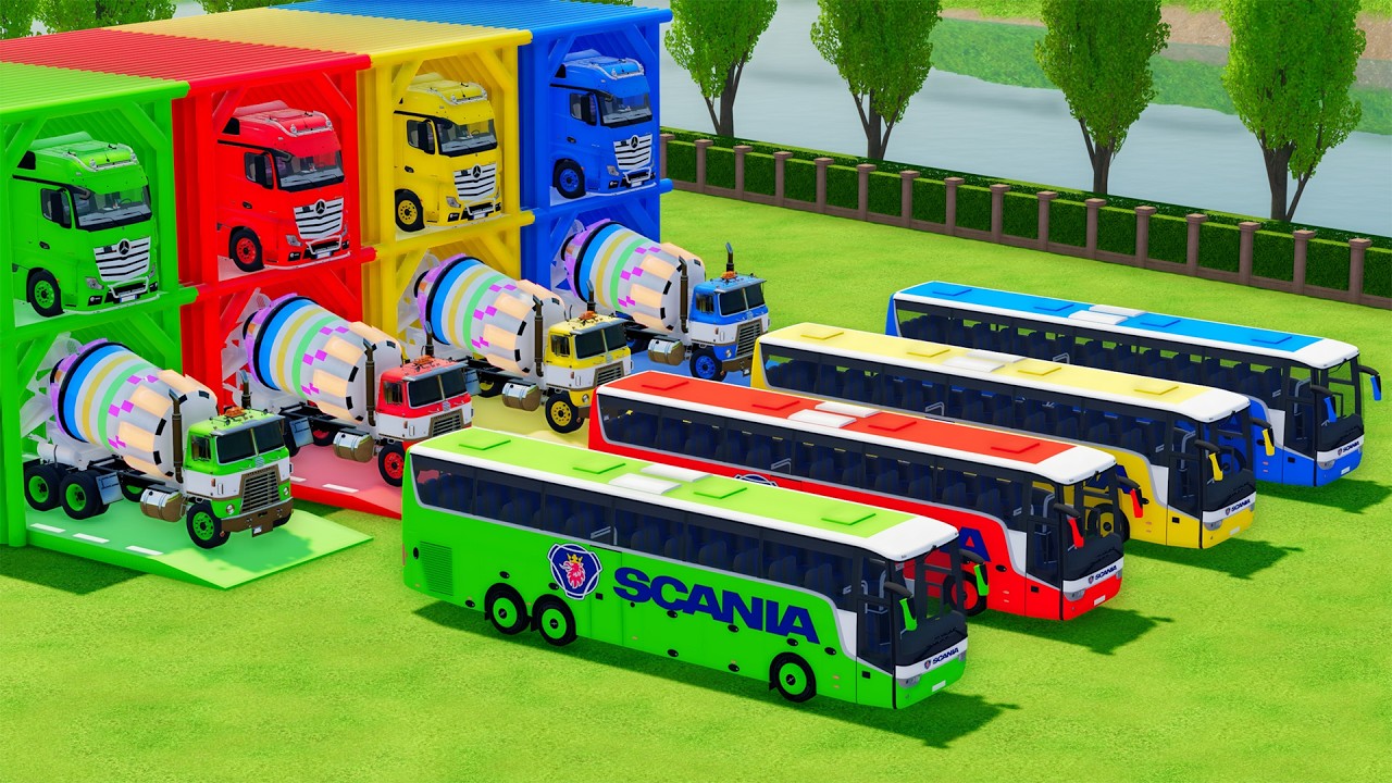 Garage with Colors - ALL MIXER TRUCK WITH DOUBLE FLATBED TRAILER TRUCK, MERCEDES, INTERNATIONAL