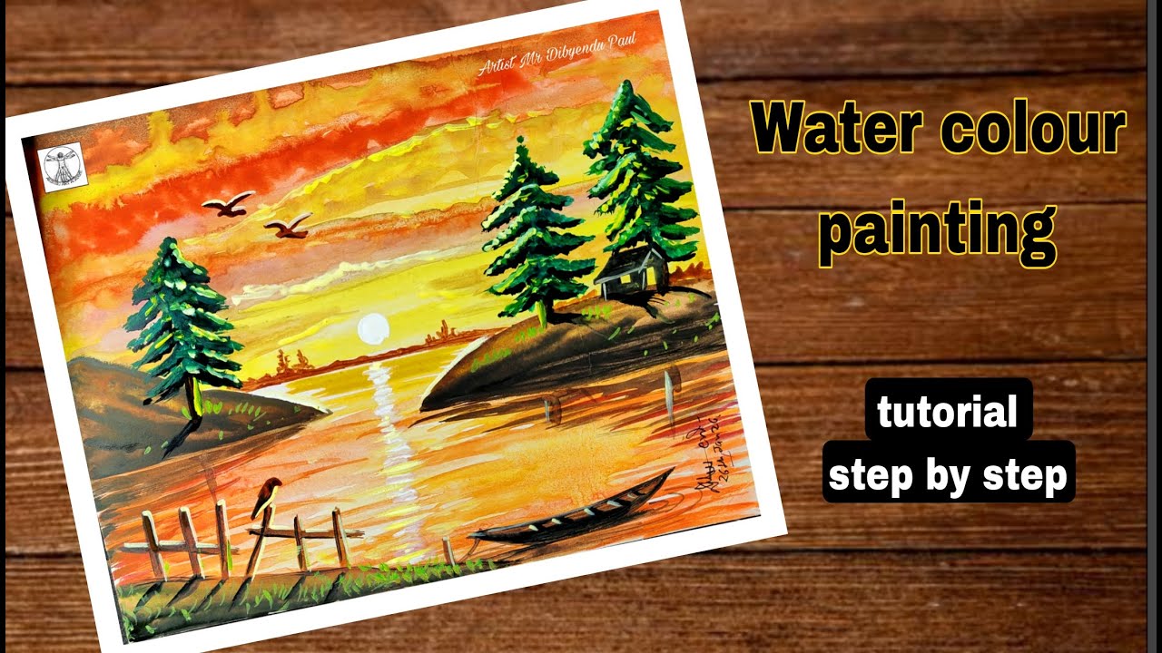 Easy Sunset Paintung/ Sunset Landscape Painting with Water Colour, tutorial
