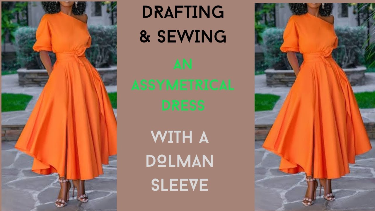 How to cut and sew an assymetrical flare dress with a dolman sleeve/ cut together sleeve