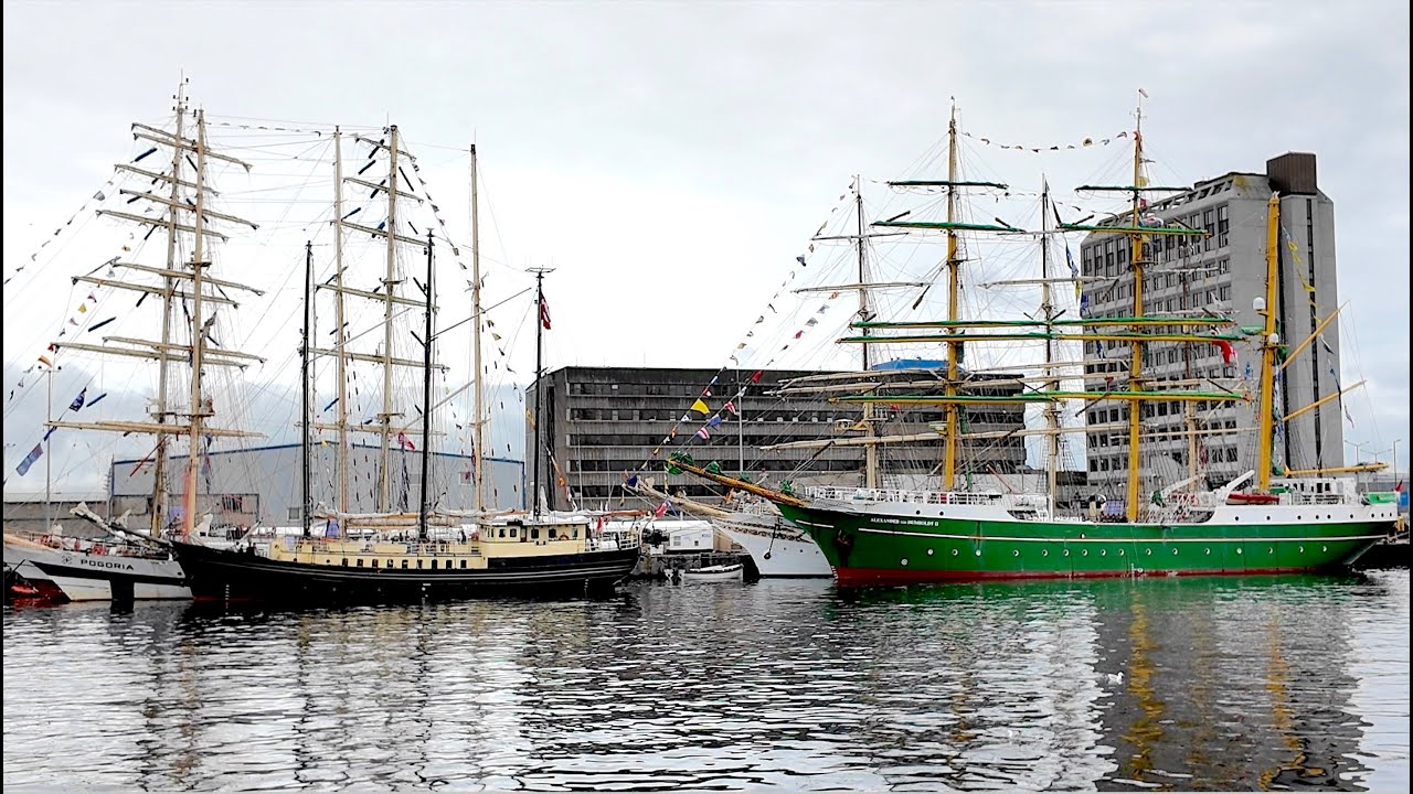 Tall Ships races with rigged sailing vessels berthed in Aberdeen harbour, Scotland, in July 2025