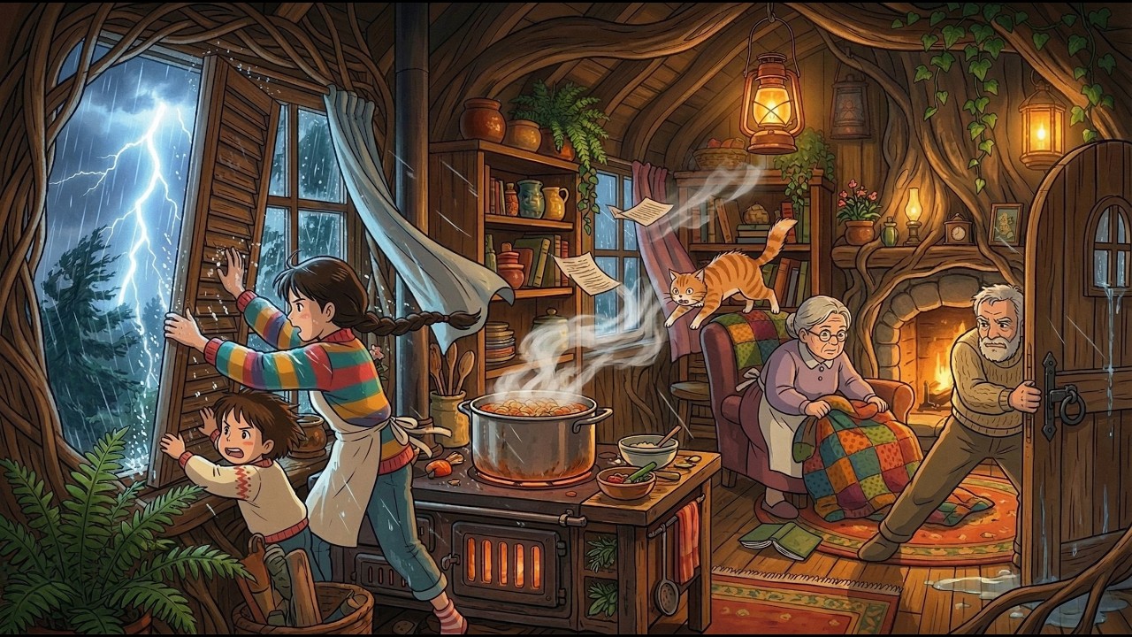 Heavy Rain in a Cozy Ghibli Treehouse 🌧️ | Relaxing Cooking ASMR & Rain Sounds for Sleep