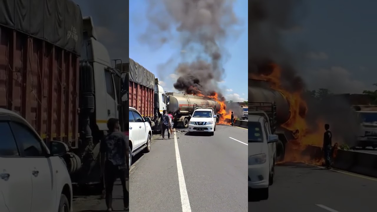 Truck crashes into tanker truck on the road #truck #trending #fyp #reels #trukoleng #viralvideo