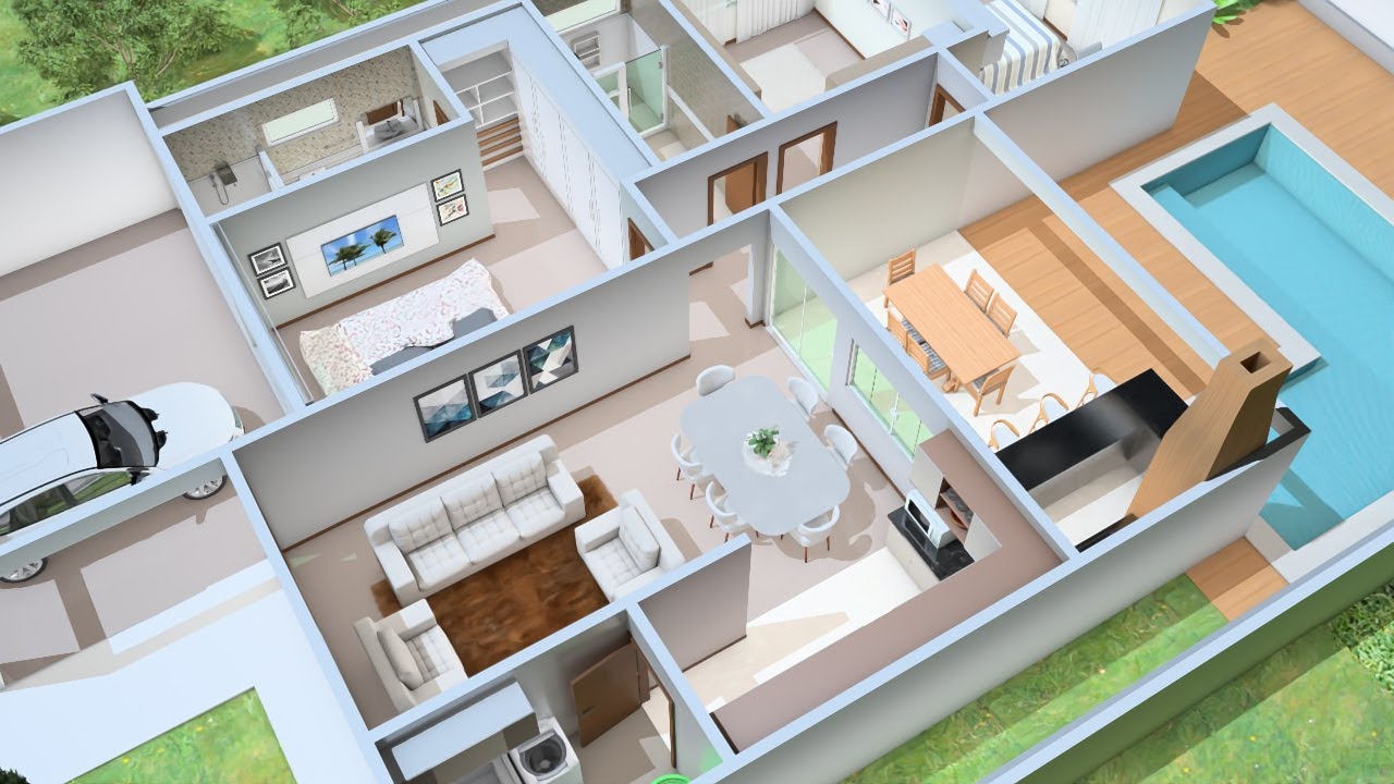 Planta de Casa 3D com três Quartos e Cozinha Americana