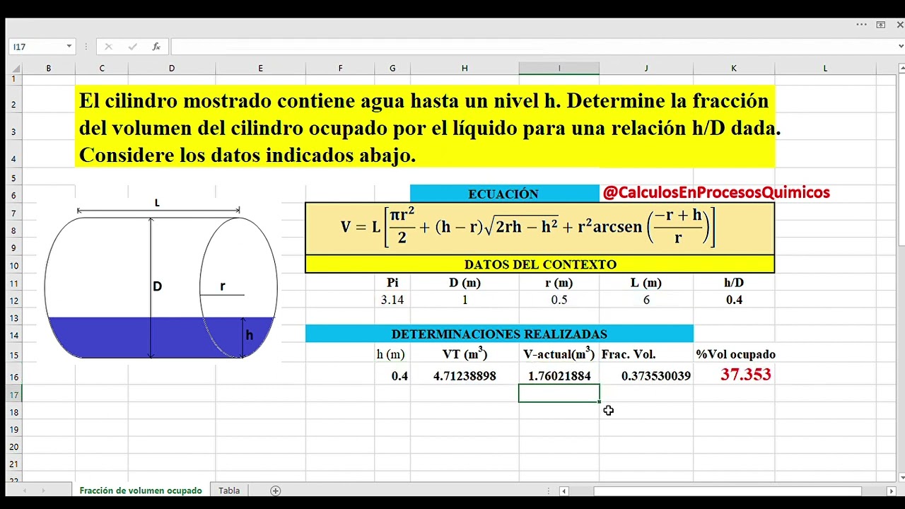 Porcentaje de volumen ocupado en cilindro horizontal