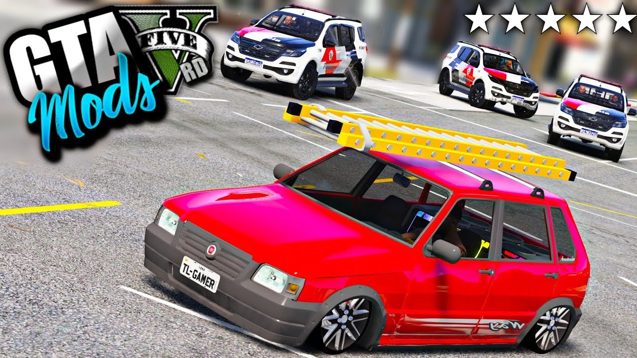 A FUGA INSANA DA POLICIA DE FIAT UNO COM ESCADA ( ÉPICO ) - GTA 5 MODS