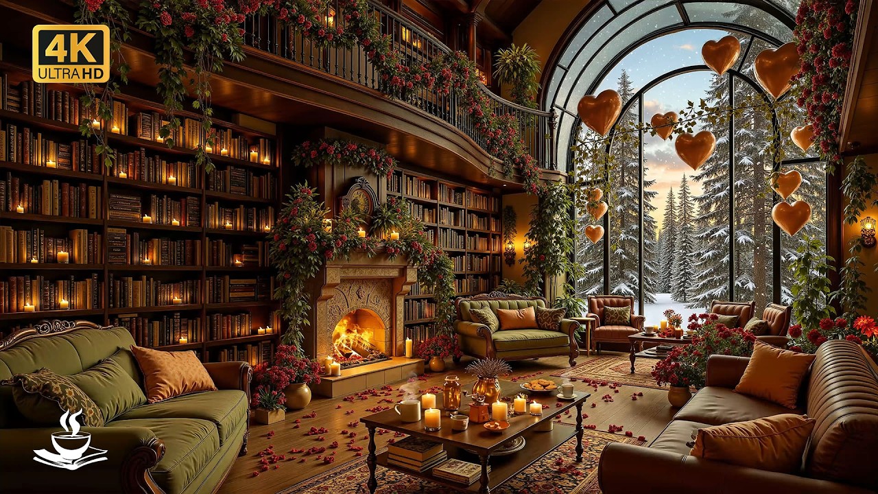 Romantic Winter Jazz with Vast Library Window | Bookish Focus, Hearth Glow & Valentine Mood