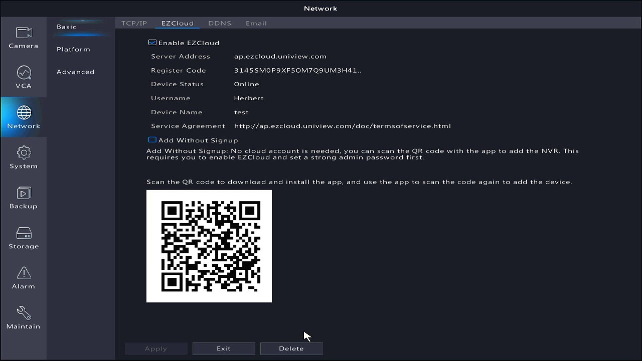 unv nvr - deleting device binded to a cloud account