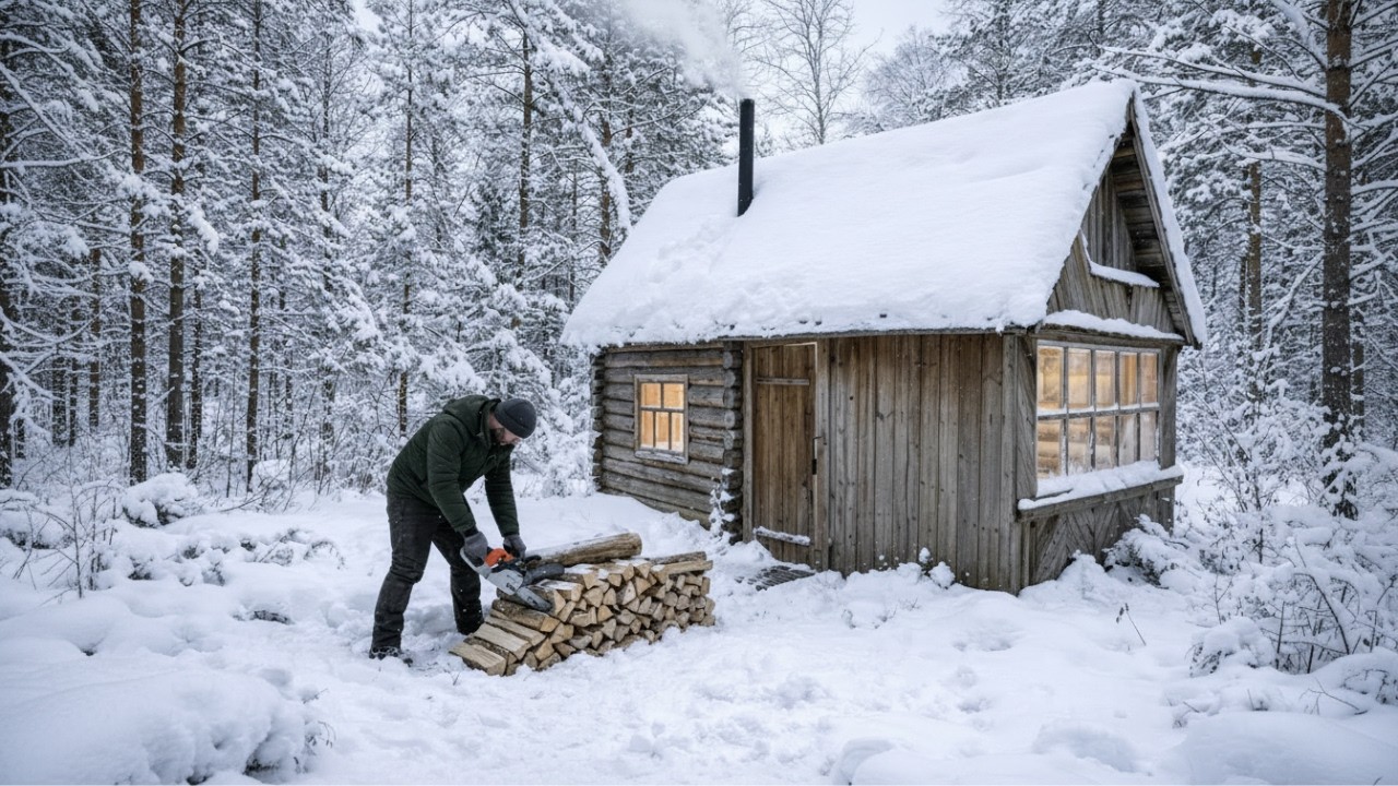 Alone in the Winter Forest | Exploring and Sheltering in a Log Cabin