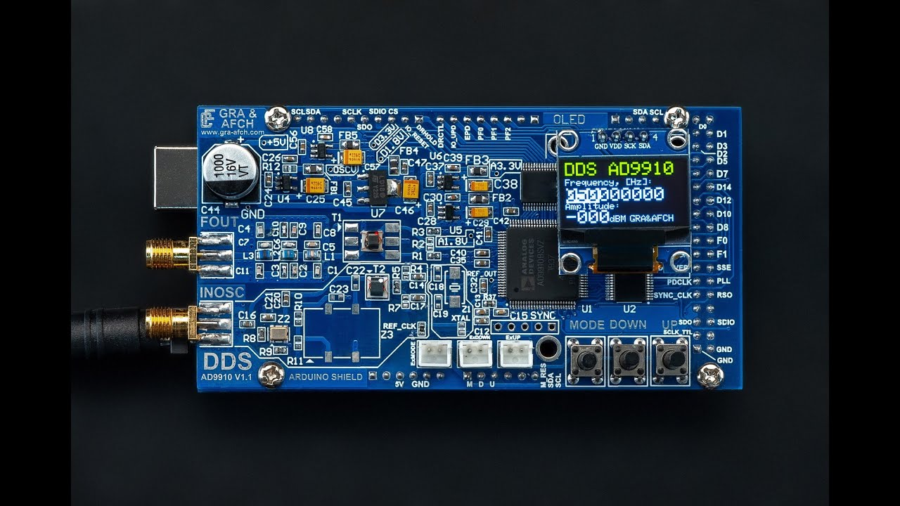 DDS AD9910 Arduino Shield Signal Generator 600 MHz @ 1.5GHz AM FM SSB Sweep, Low Spurs Low Harmonic