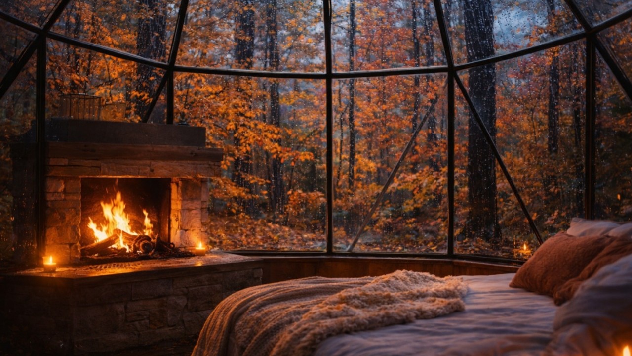Cozy Glass Igloo 🔥 Rain & Crackling Fire | Autumn Forest Sleep