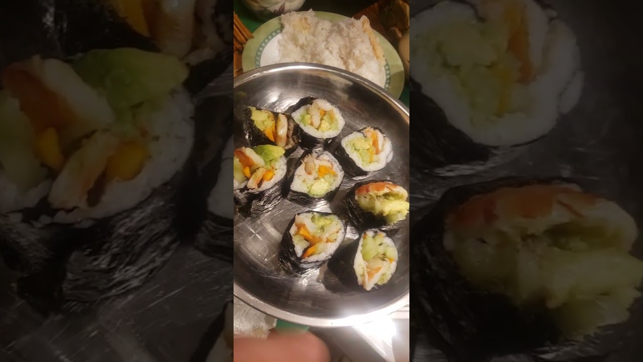 Make Sushi With Seaweed,Tiger Shrimps, Cucumbers slices,Carrot Slices,Avocadoes too With Rice Part14