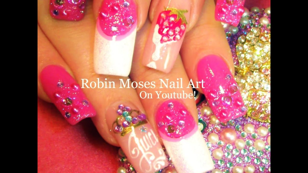 Nail Art | Strawberry Nails | Diamond Gems & Pink Crown Nail Design Tutorial
