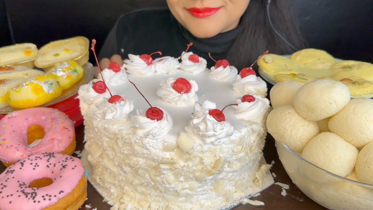 ASMR EATING CAKE WHITE FOREST CAKE,RASGULLA,RASMALAI,DONUTS AND CHUM CHUM *DESERT MUKBANG*