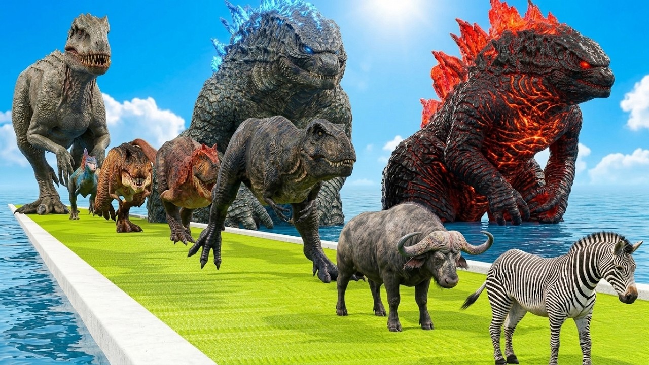 Long Slide Game With Dinosaur - Godzilla Elephant Gorilla Buffalo Tiger Animal Game Funny Animals 3D