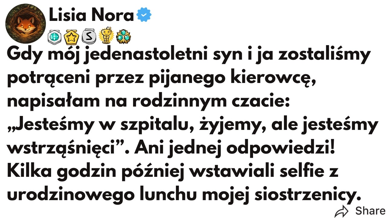 (CAŁA HISTORIA) Gdy mój jedenastoletni syn i ja zostaliśmy potrąceni przez pijanego kierowcę...