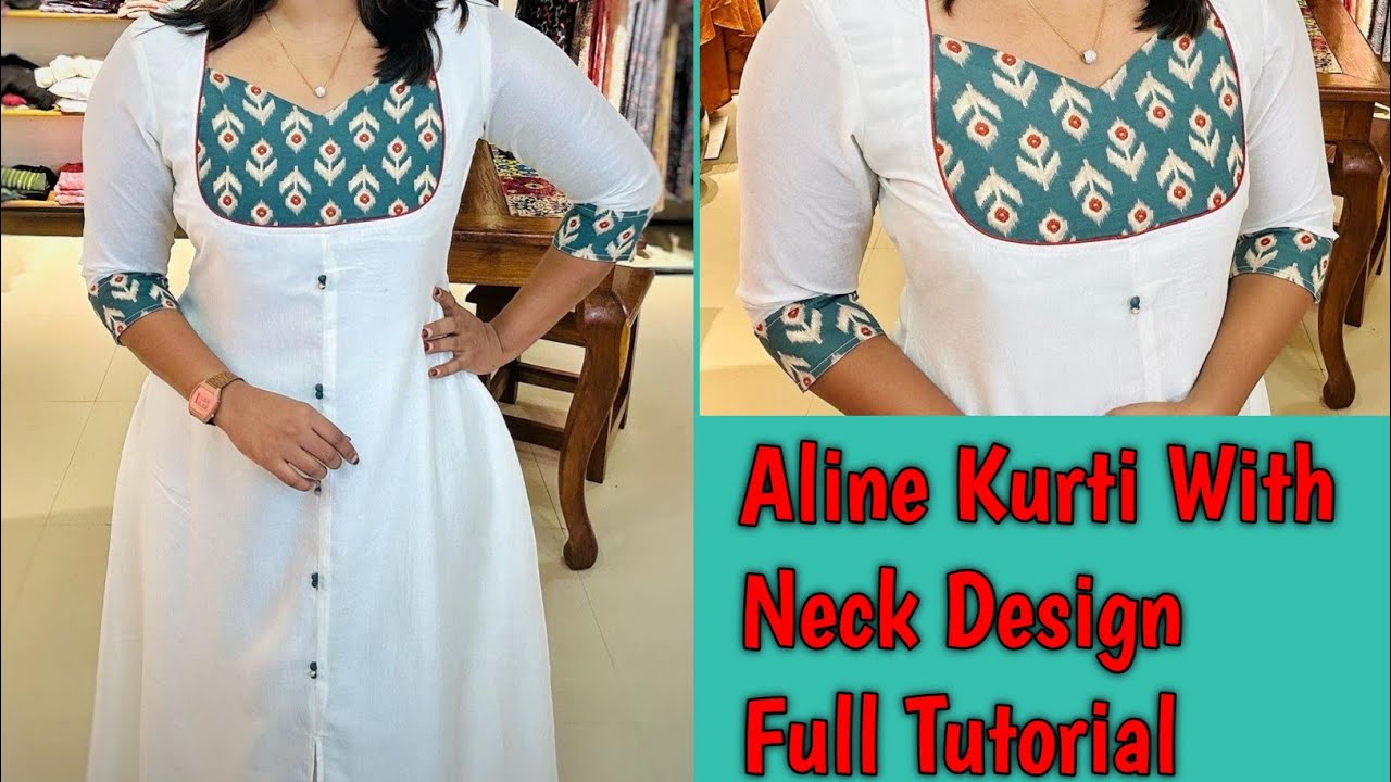 Aline Kurti With Neck Design ചെയ്യാൻ പഠിച്ചാലോ/Detailed Tutorial/Fashion with Rika