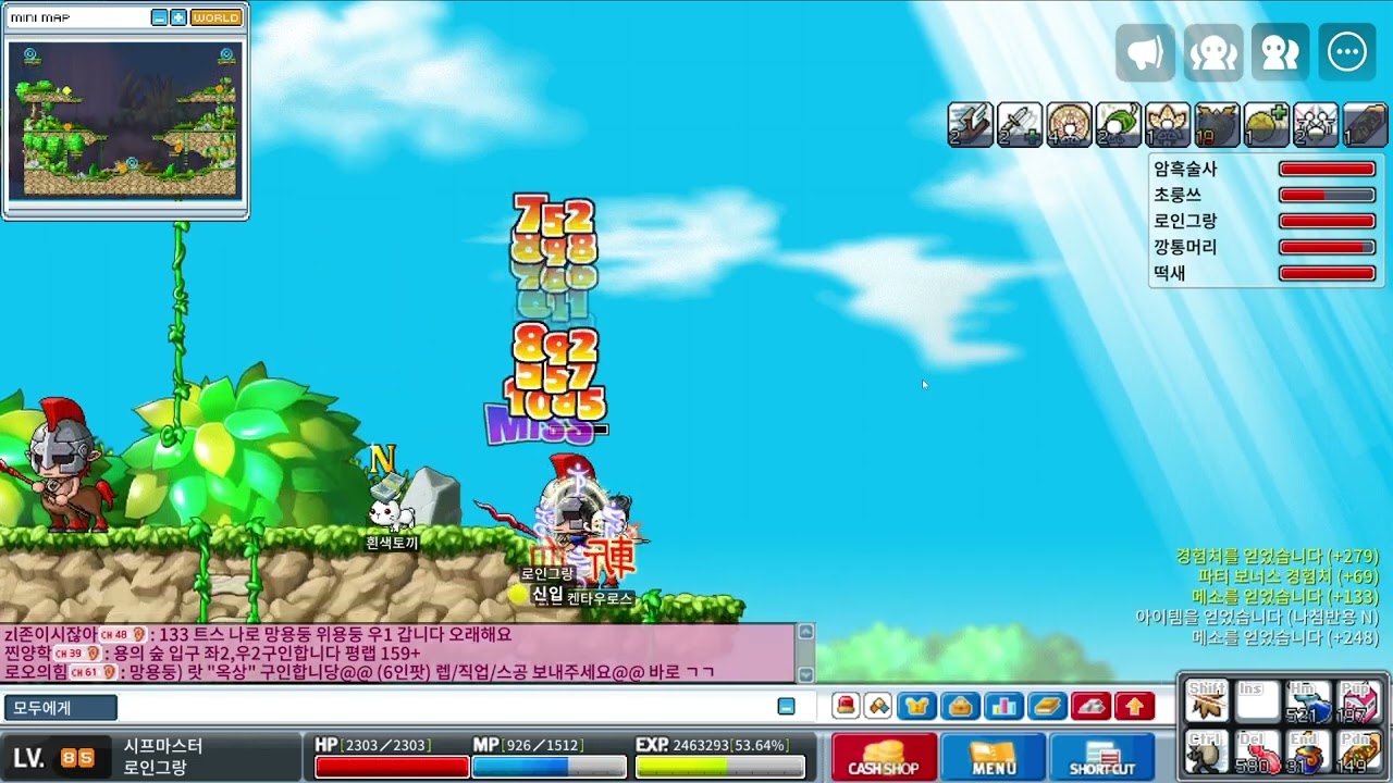 메이플랜드 85시프마스터 불어전 5인 파티 사냥 왼쪽 3층(좌3) 격수 사냥