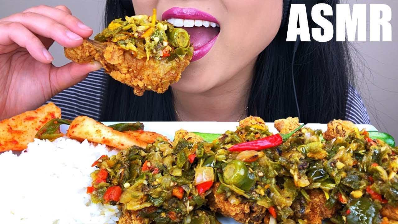 ASMR SPICY FRIED CHICKEN + GREEN CHILIES *MESSY EATING* | ASMR Phan